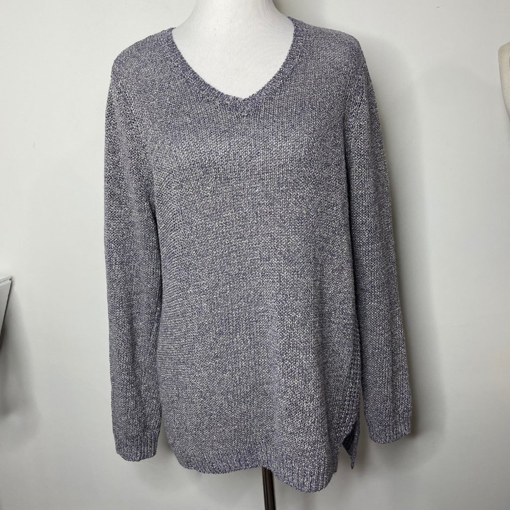 J. McLaughlin Size L Purple Linen V Neck Long Sleeve Metallic Knit Sweater